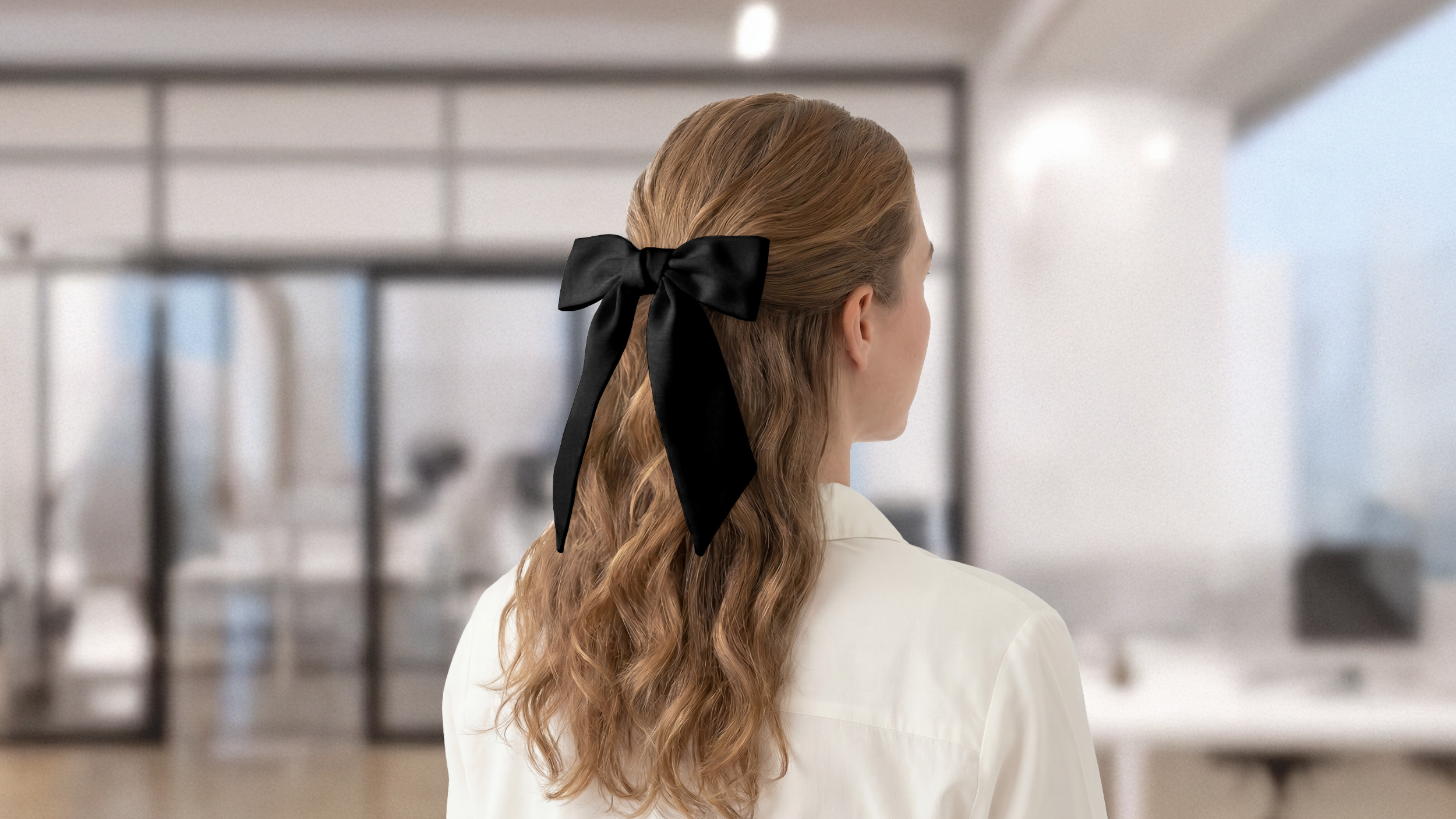 Person with a black scarf in their hair standing in an office setting