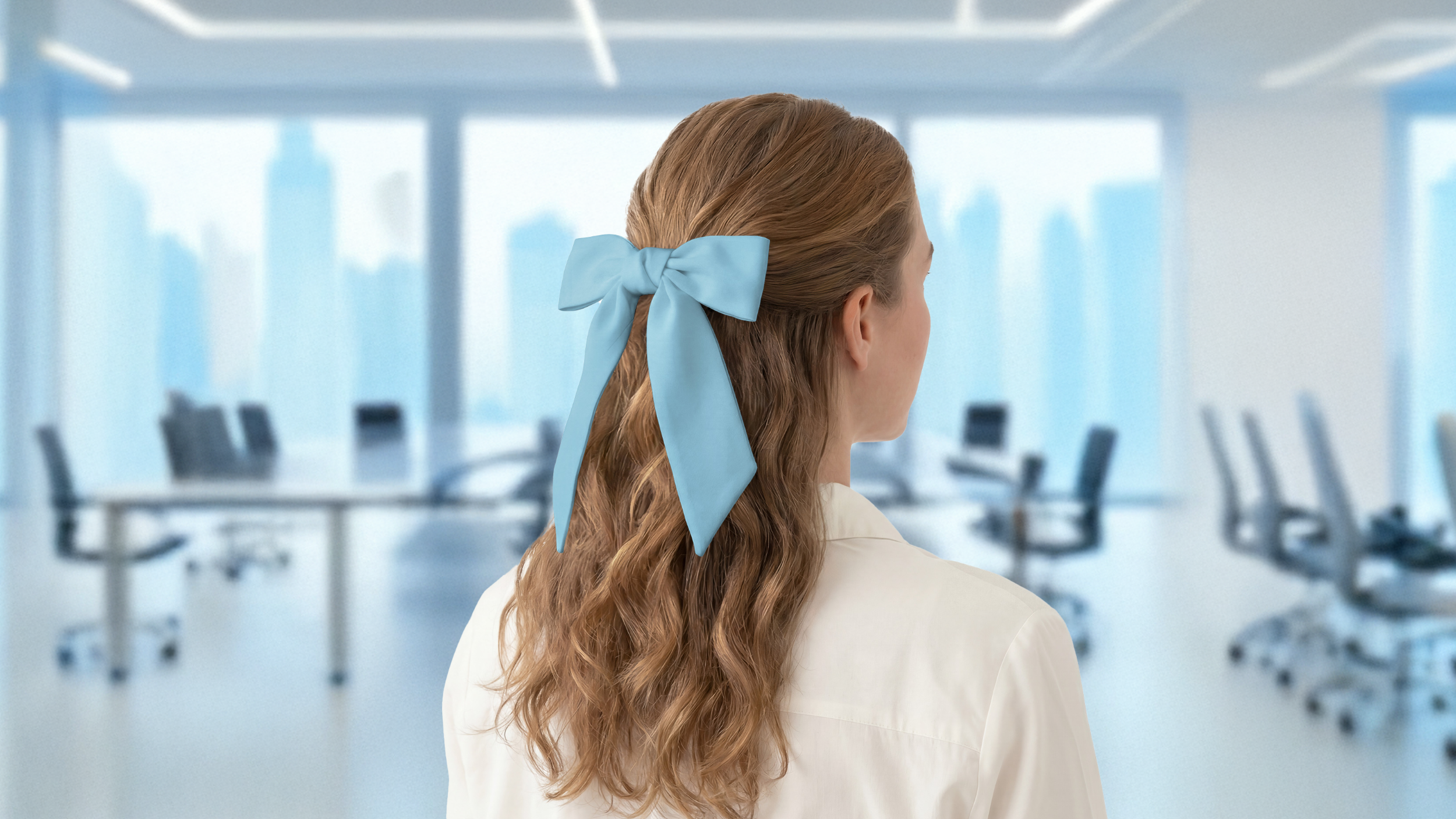 Person with a blue scarf in their hair standing in a modern office setting