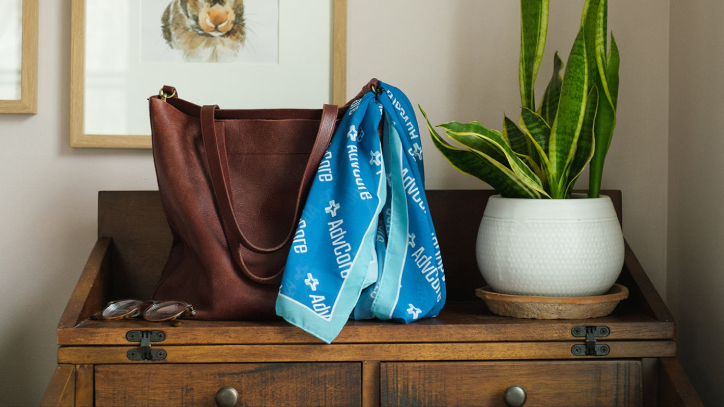 Brown tote bag on a wooden surface with a blue scarf, sunglasses, and a potted plant.