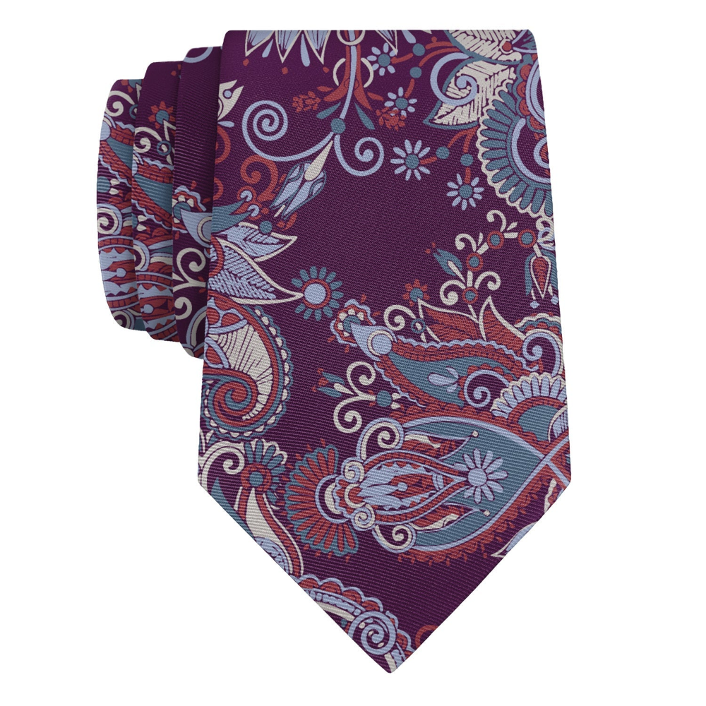 Decorative purple paisley tie on a white background
