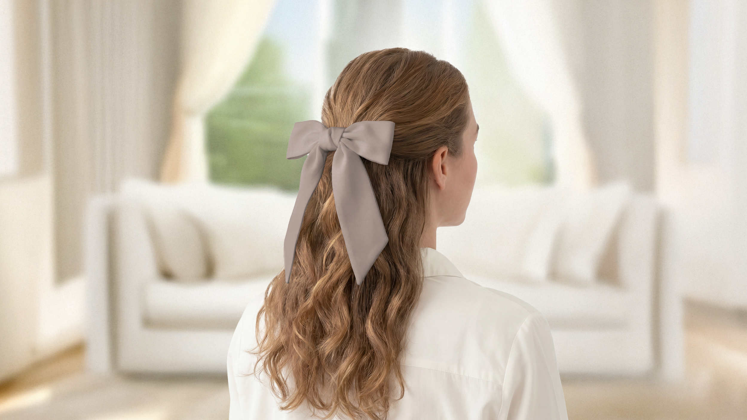 Woman with long hair tied back with a brown scarf in a bright, modern living room.