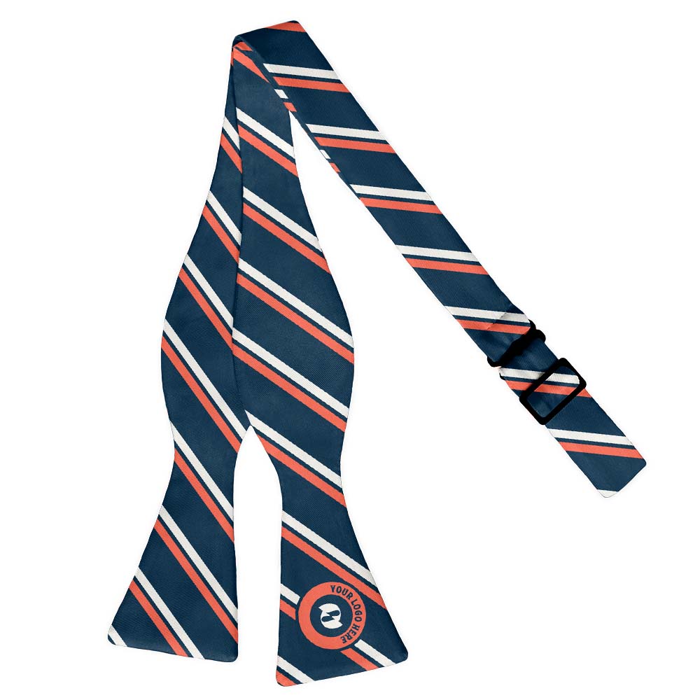 Navy blue logo tie with orange and white stripes on a white background