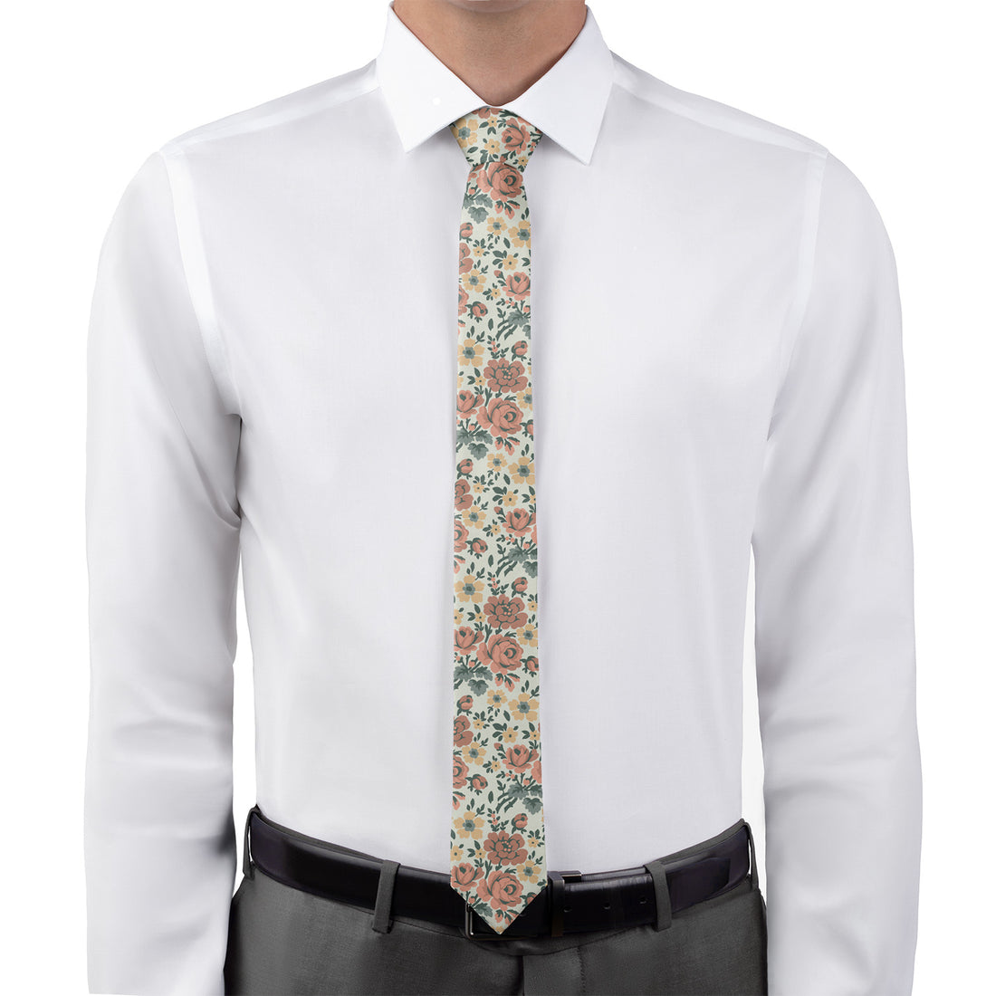 Skinny width cooper floral necktie worn on man in white button down shirt