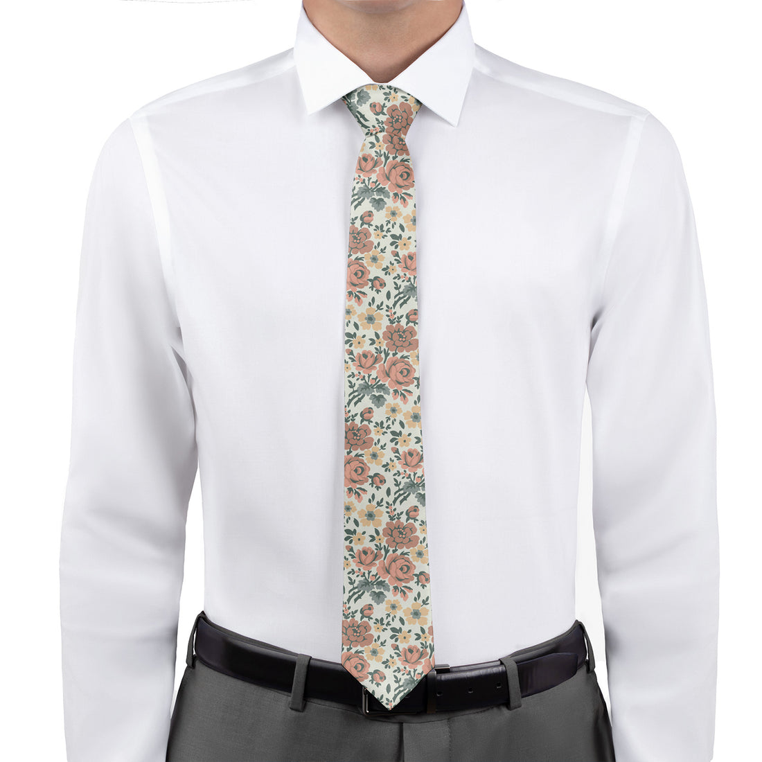 Knotty width necktie with cooper floral pattern worn on man in white shirt