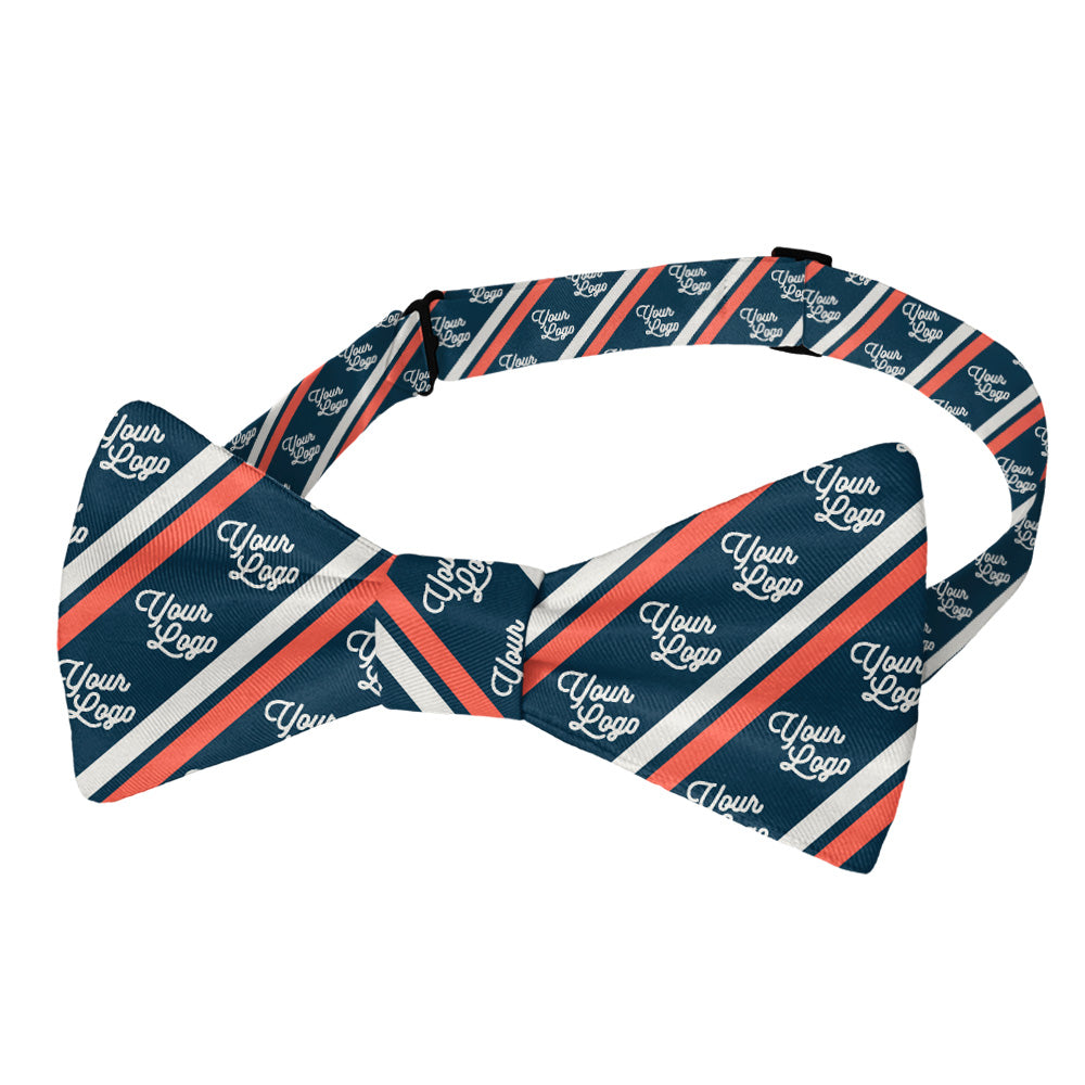 Custom logo bow tie with red, white, and blue stripes on a white background