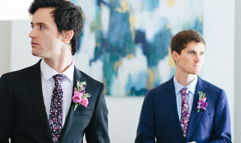 Two men wearing custom floral wedding ties