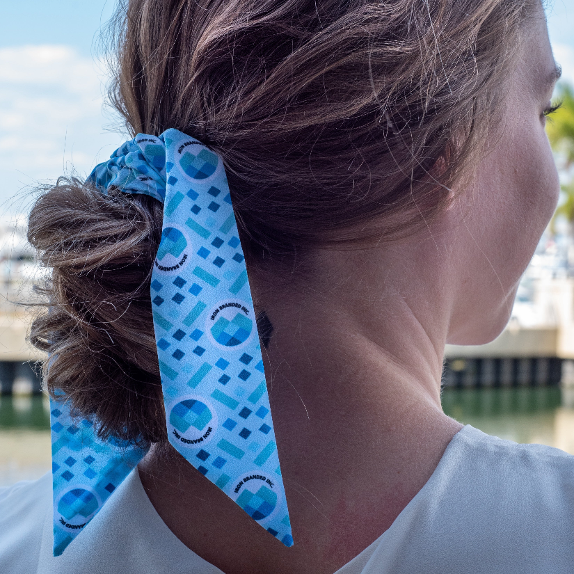 woman with custom hair scarf tied in hair