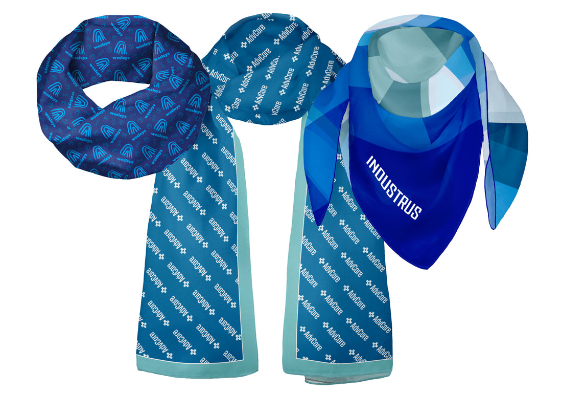 Three custom logo scarves with corporate branding