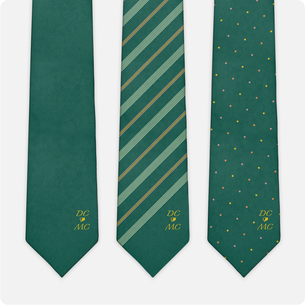 Three green ties with different patterns and 'DC MC' monogram on a white background