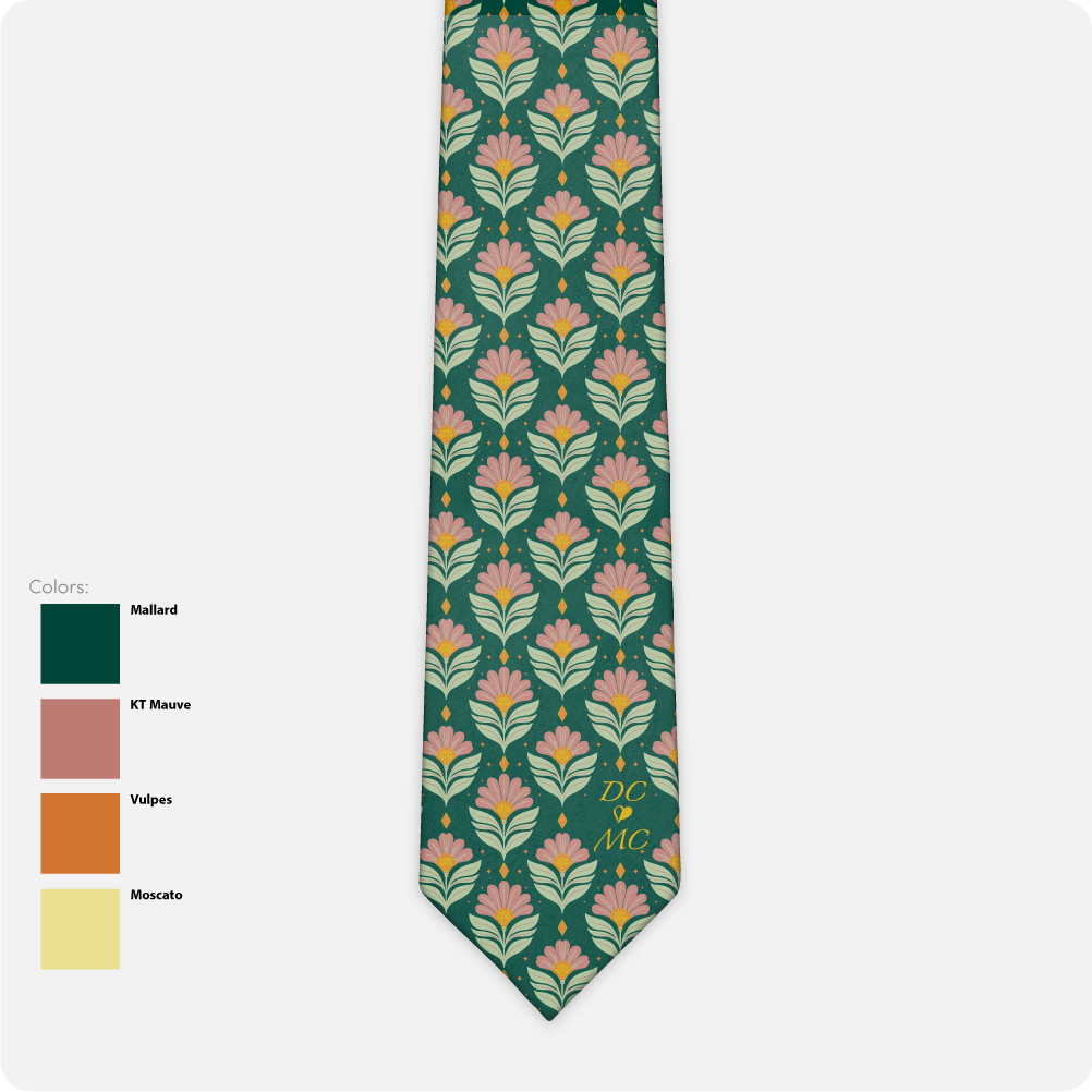 Floral patterned tie with color swatches on a white background