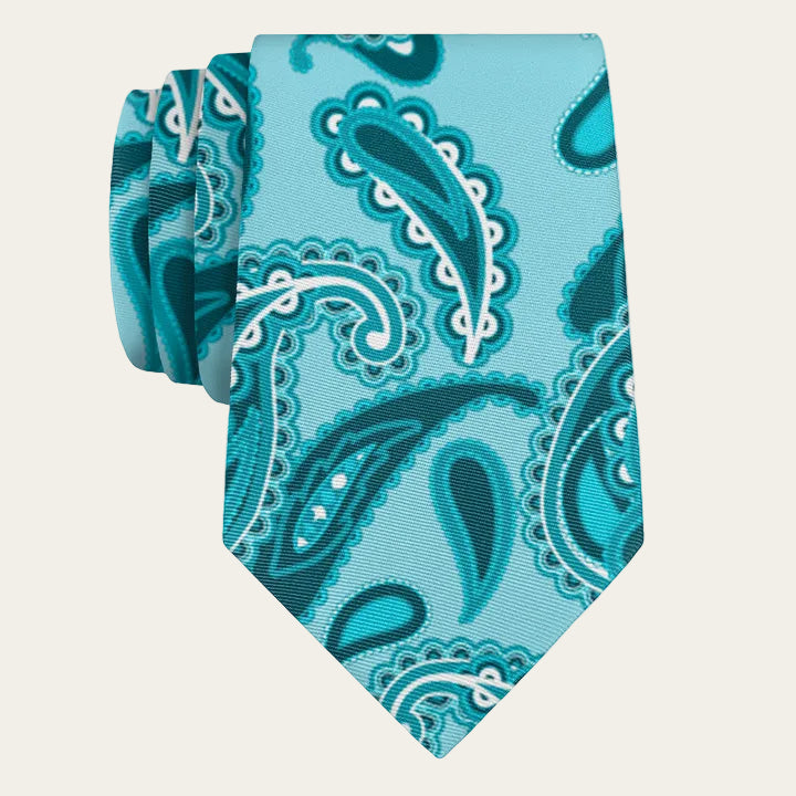 Teal paisley patterned tie on a white background