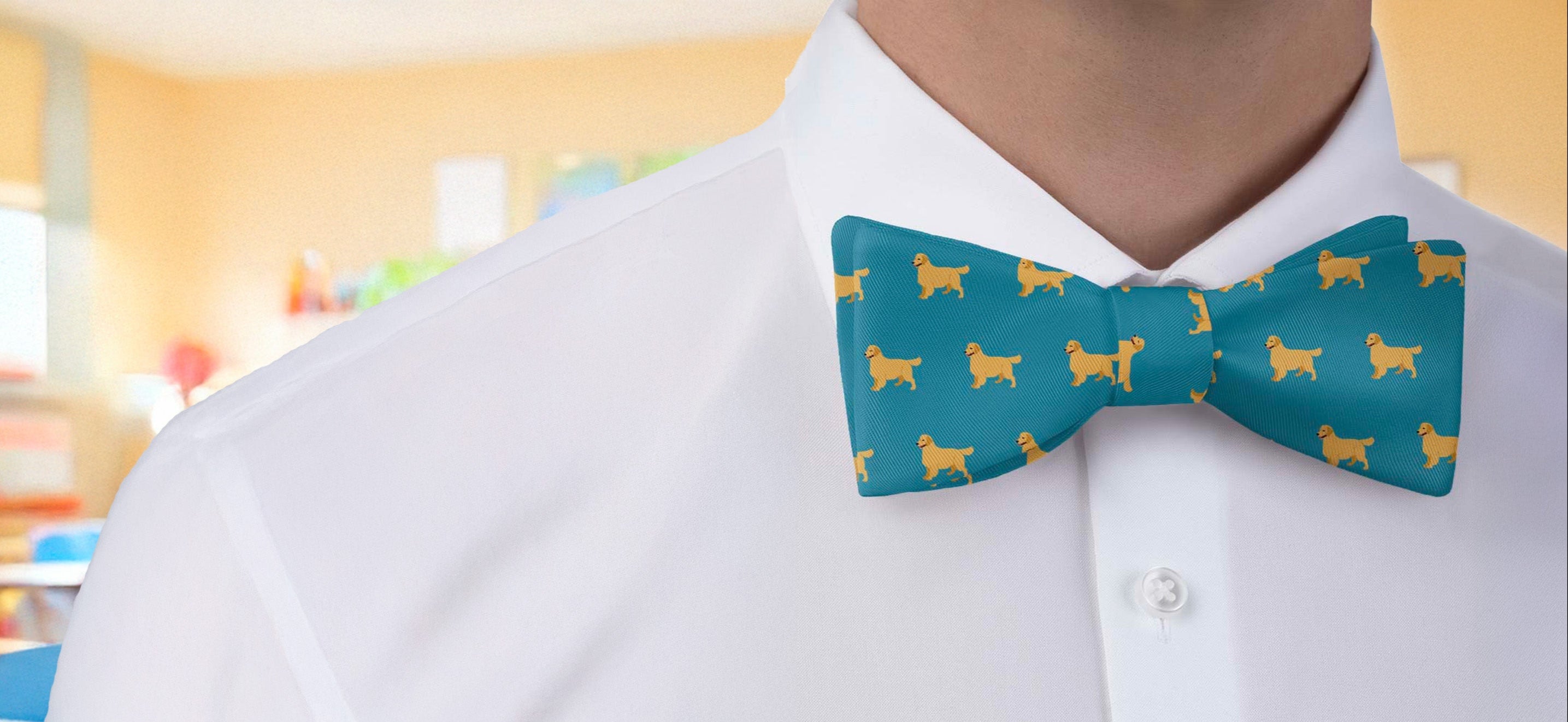 Teal bow tie with yellow dog pattern - Knotty Tie Co.
