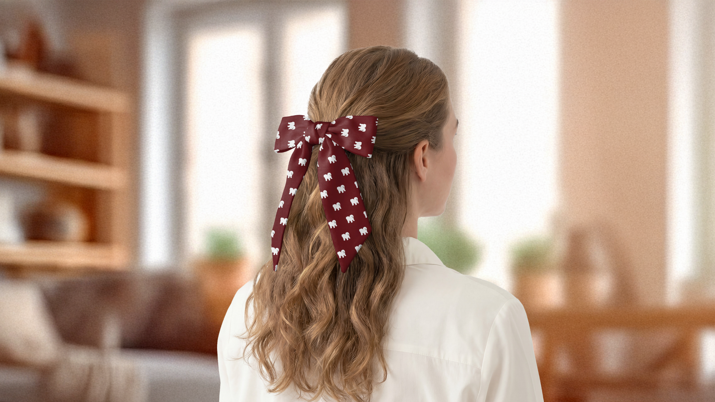 Person with a red polka dot hair scarf in a living room setting