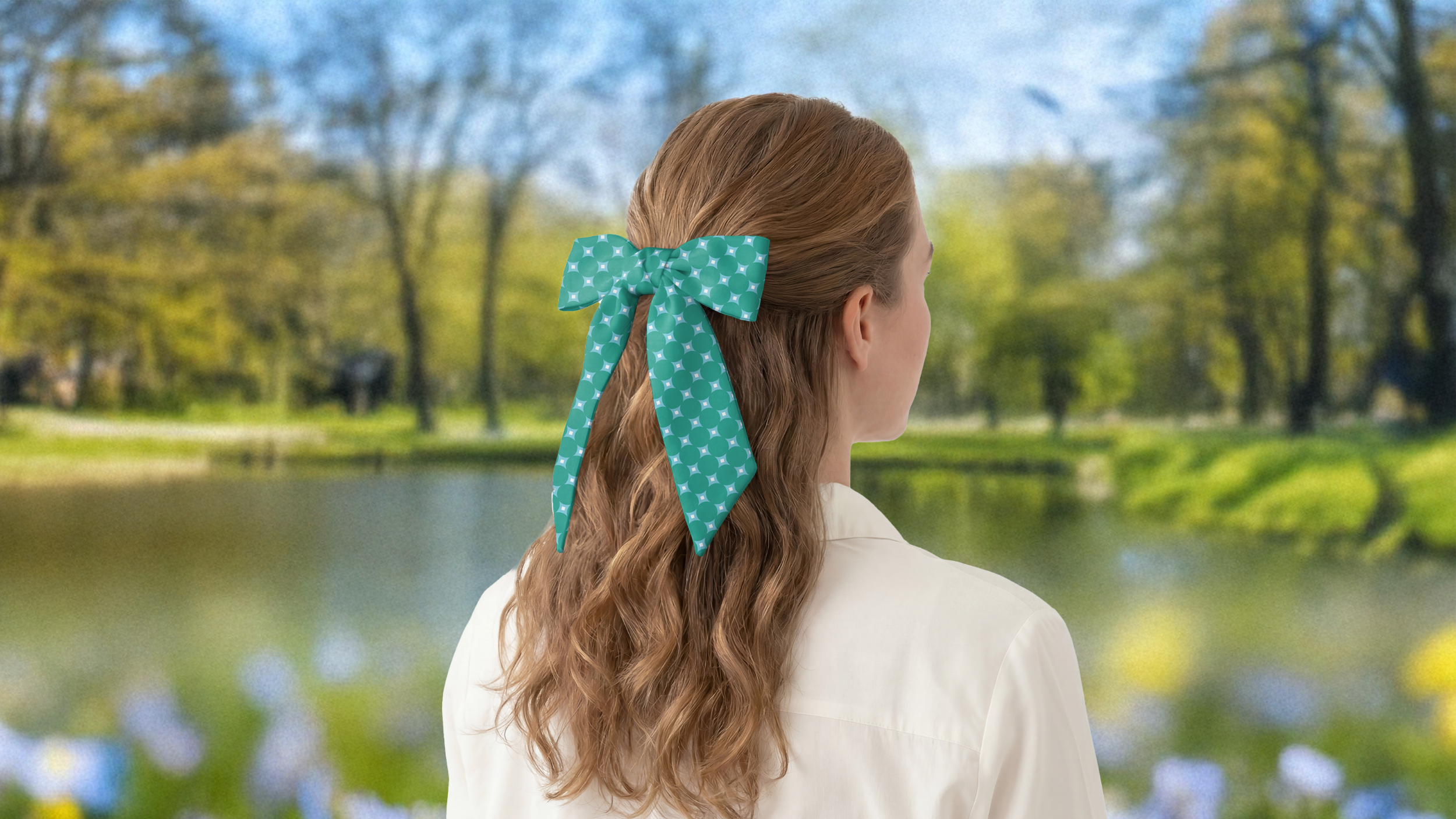 Person with a green polka dot hair scarf bow in a park setting