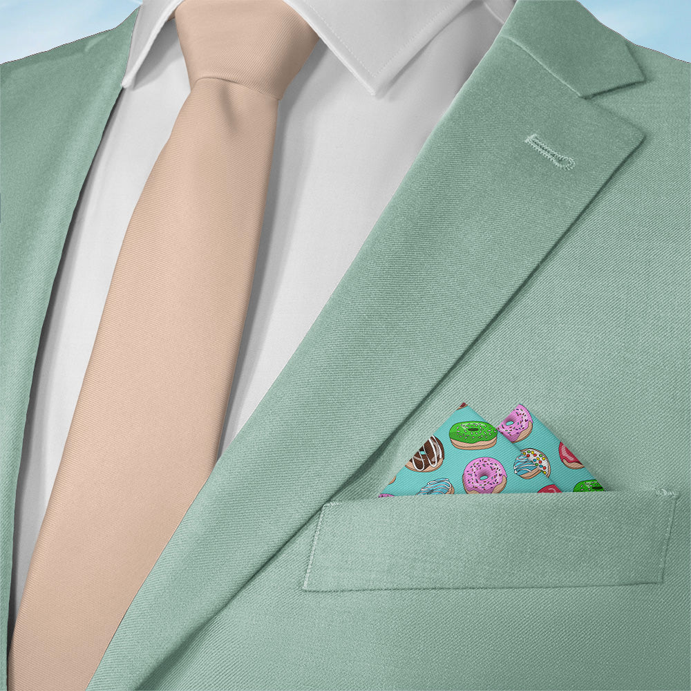 Green suit jacket with a colorful donut pocket square featuring donut designs.