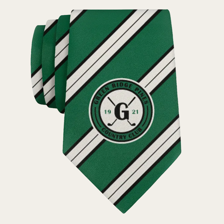 Green and white personalized tie with a golf logo and text on a light gray background
