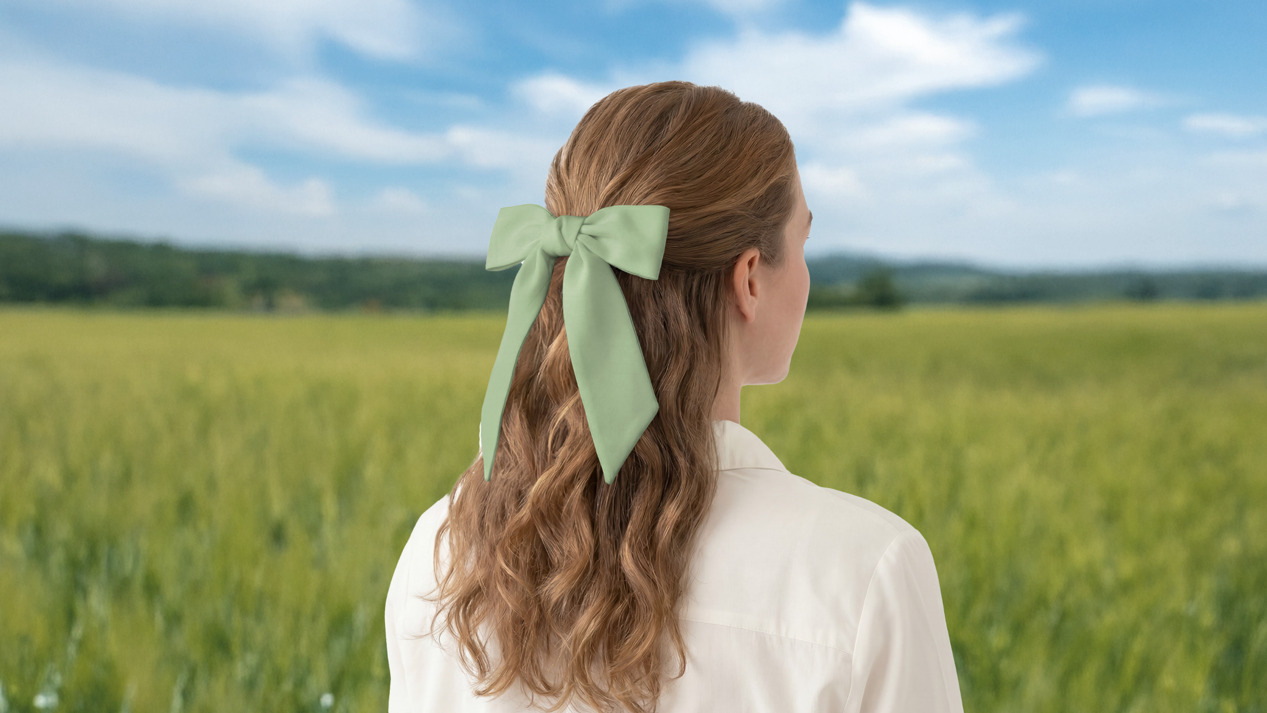 Woman with a green scarf in her hair standing in a field with a blue sky.