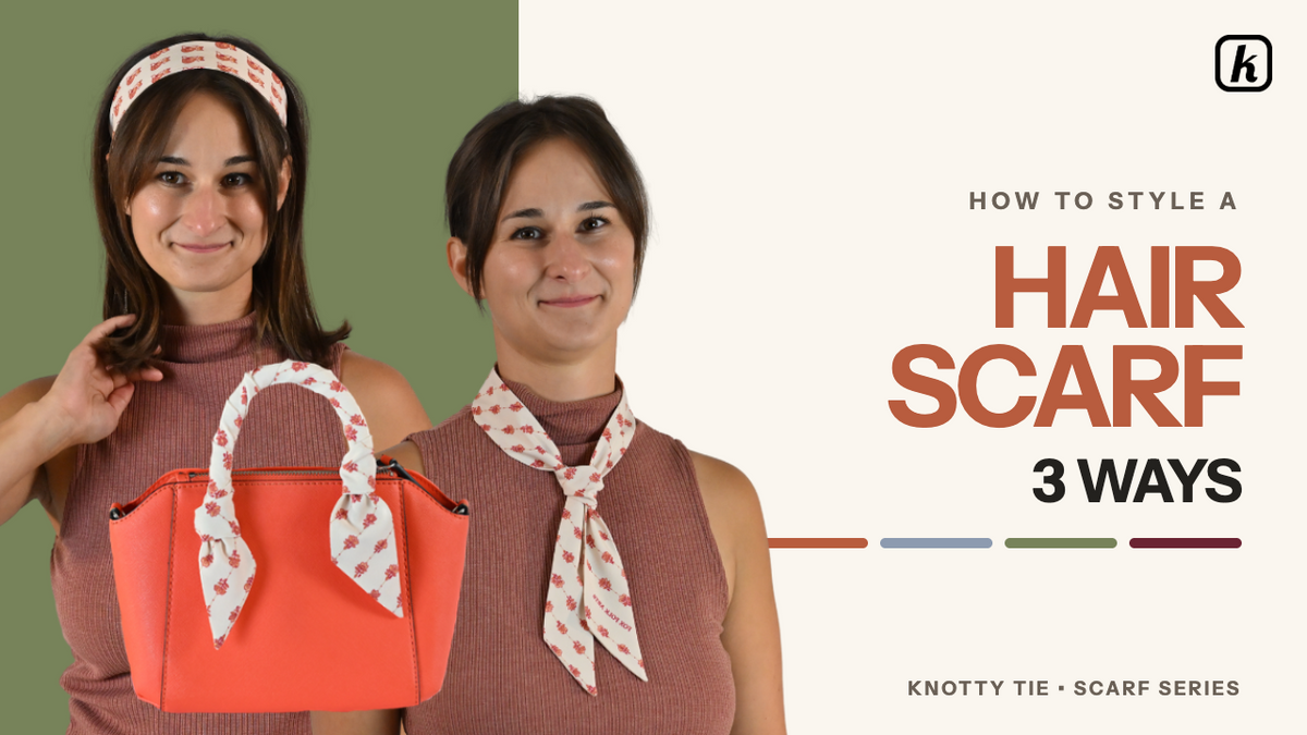 Load video: This video demonstrates three different ways to style a hair or skinny scarf, ranging from beginner to advanced techniques.The Simple Tie (Beginner): A polished, adjustable knot worn around the neck.Drape the scarf behind your neck with both tails in front, leaving the left side slightly longer.Place two fingers on the left tail where you want the knot, bring the tail up and over your fingers towards the outside, wrap it behind the scarf, and pass the end through the loop.While keeping the knot loose, slip the right tail through the top and out the bottom of the knot, then pull both tails until even.The Headband (Intermediate): A classic style that can be worn with hair up or down.For a classic look, place the middle of the scarf at the crown of your head and tie a double knot at the nape of your neck. Once positioned, you can let your hair down and frame your face.For a retro twist, start with the middle of the scarf behind your neck and tie the knot on top of your head, slightly off to the side.The Purse Scarf (Advanced): A method to refresh a handbag, which works best on shorter handles.Drape the middle of the scarf over the center of the handle so the ends hang evenly.Wrap one tail around the handle until about two inches remain, then loosen the last wrap and pull the tail through to the front.Repeat this on the right side, ensuring the wrap sizes match so the tails are even, then adjust for a flat, uniform appearance.