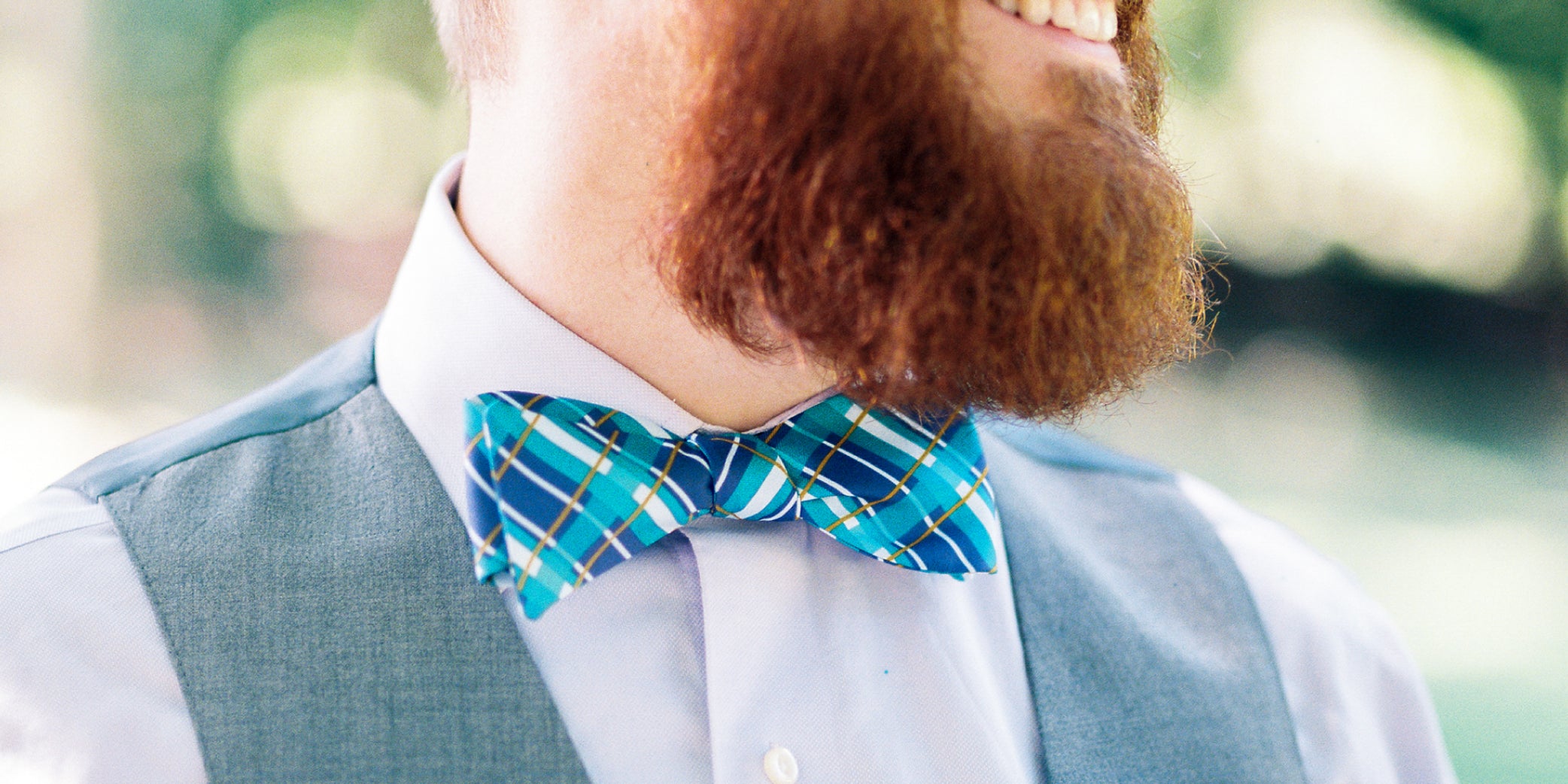 Blue and turquoise plaid bow tie