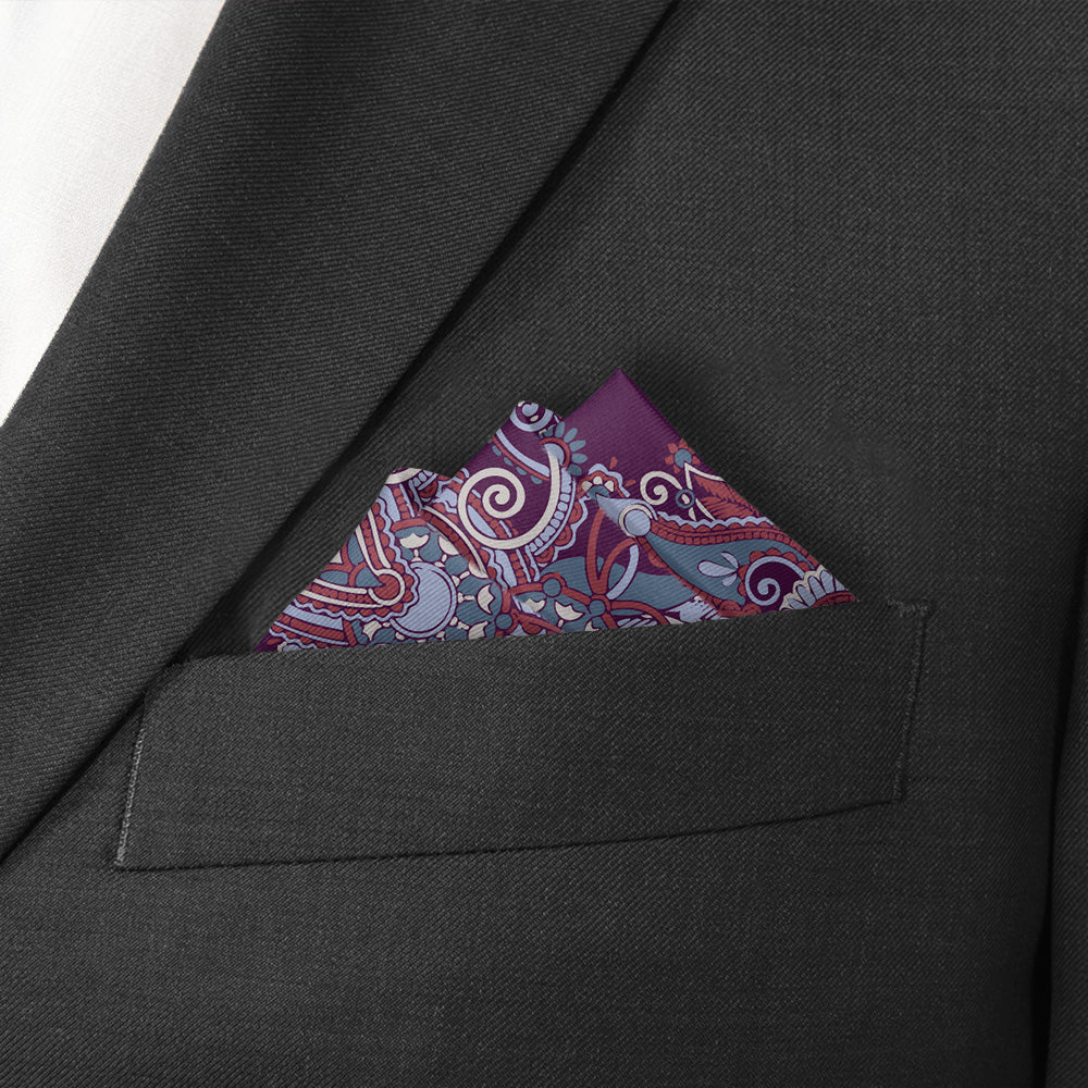 Black suit jacket with a patterned purple pocket square