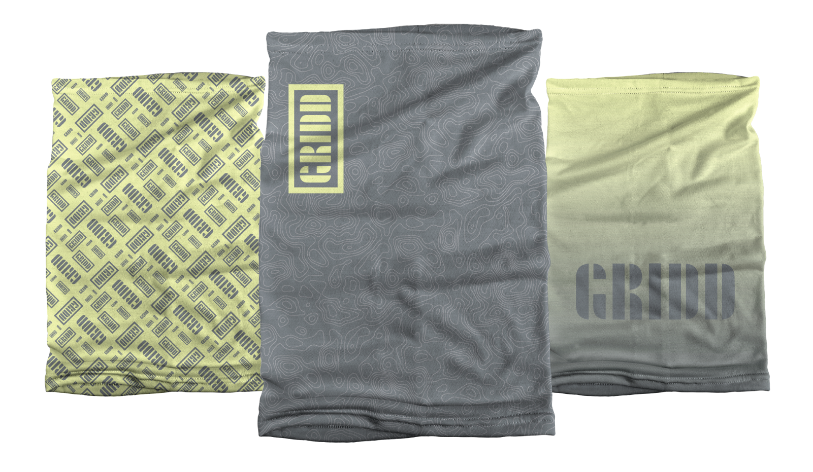 Three bespoke neck gaiters with different patterns and branding on a white background