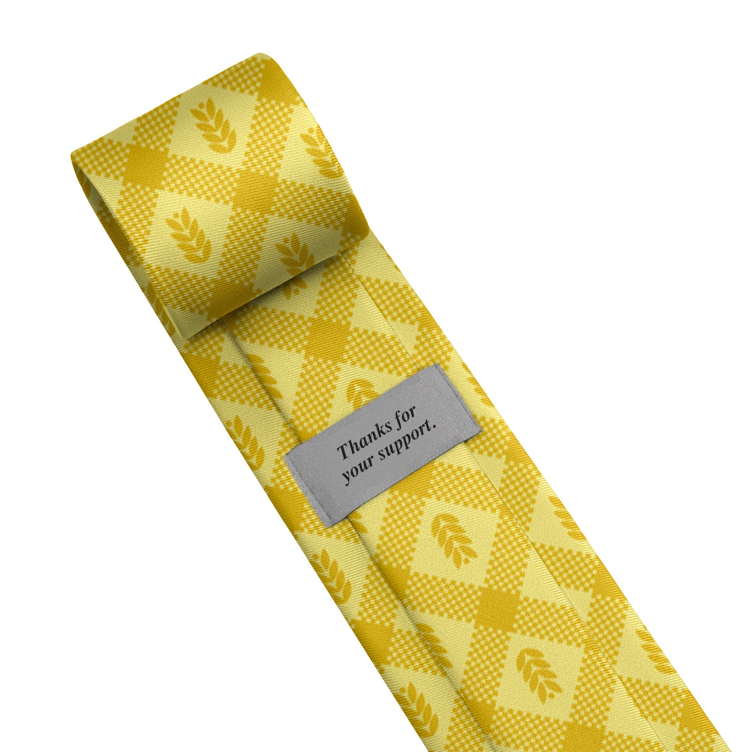 Yellow patterned tie with a message tag on a white background