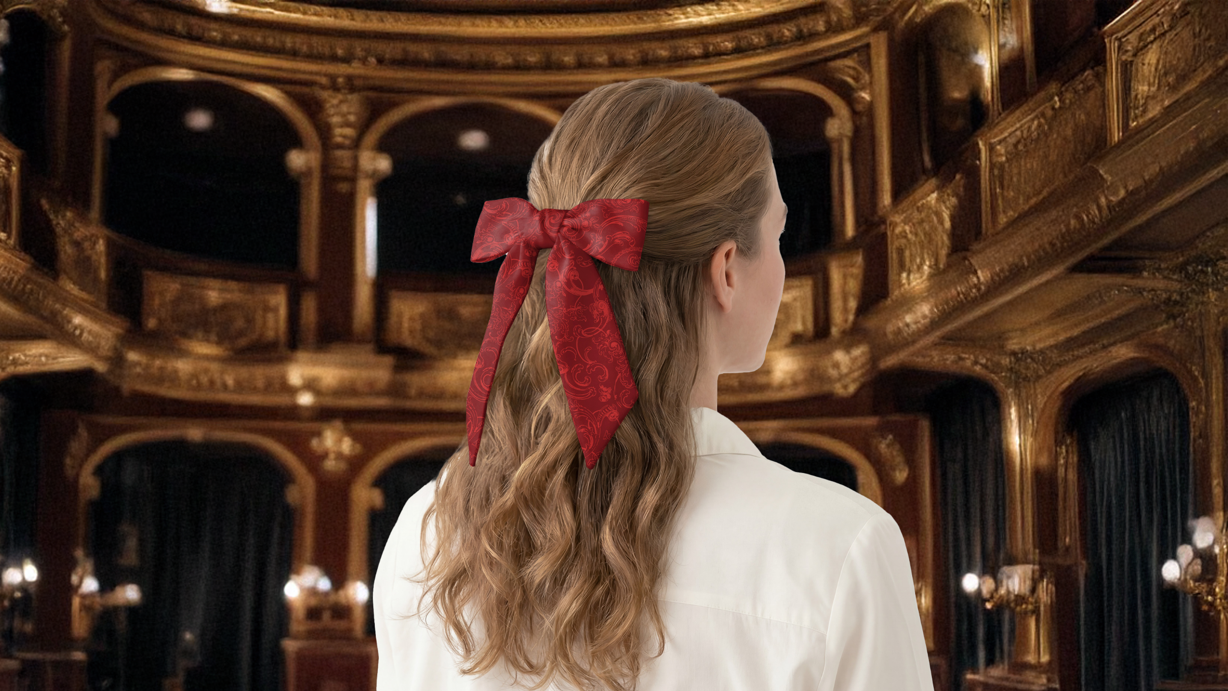 Woman with a red scarf in her hair standing in an opulent theater setting