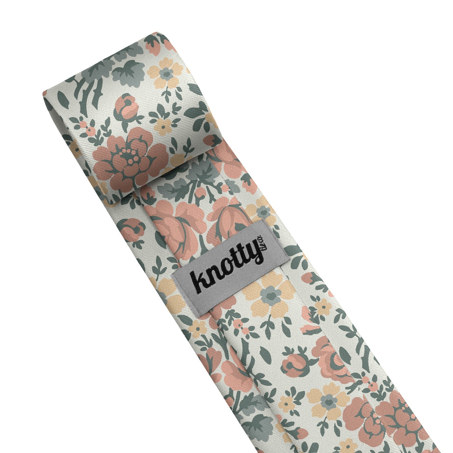 Floral-patterned necktie with 'knotty' branding on a white background
