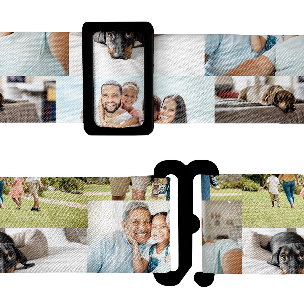 Close up of bow tie strap with collage with family photos.