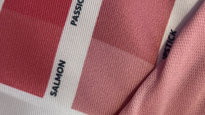 Close-up of fabric with color swatches labeled 'Salmon' and 'Passion', featuring a brand logo.