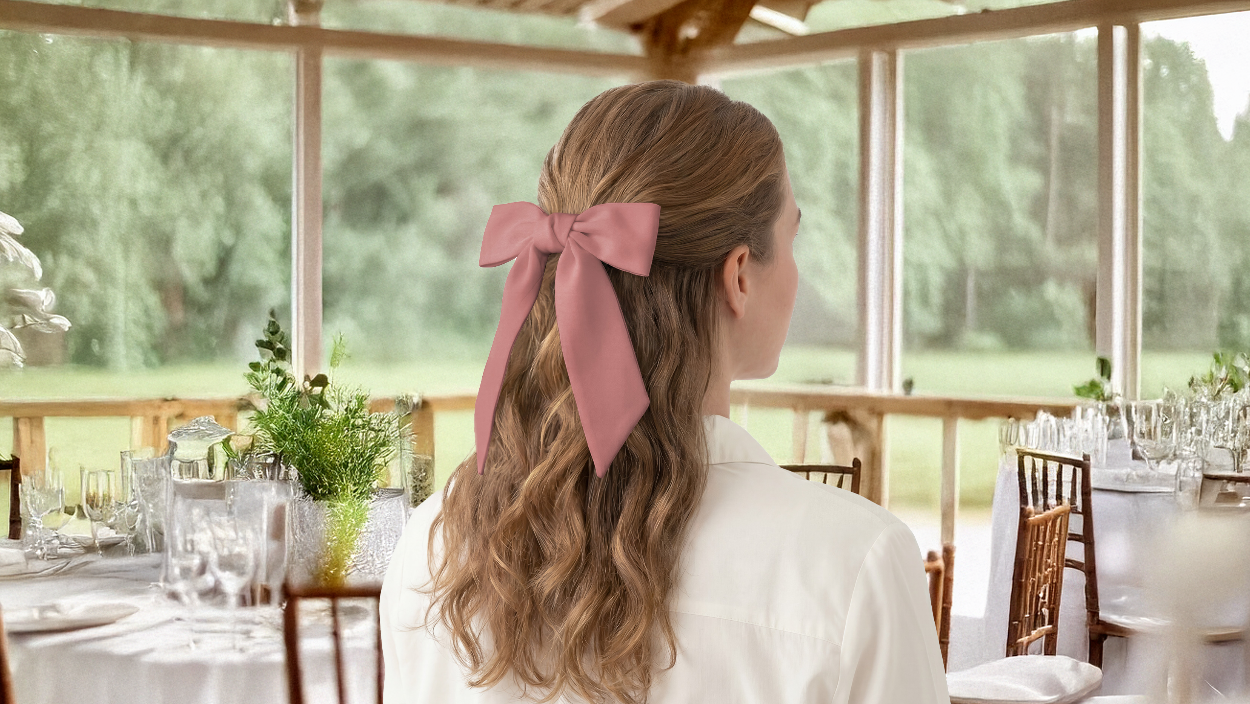 Woman with a pink scarf bow in her hair standing in a dining room with large windows.