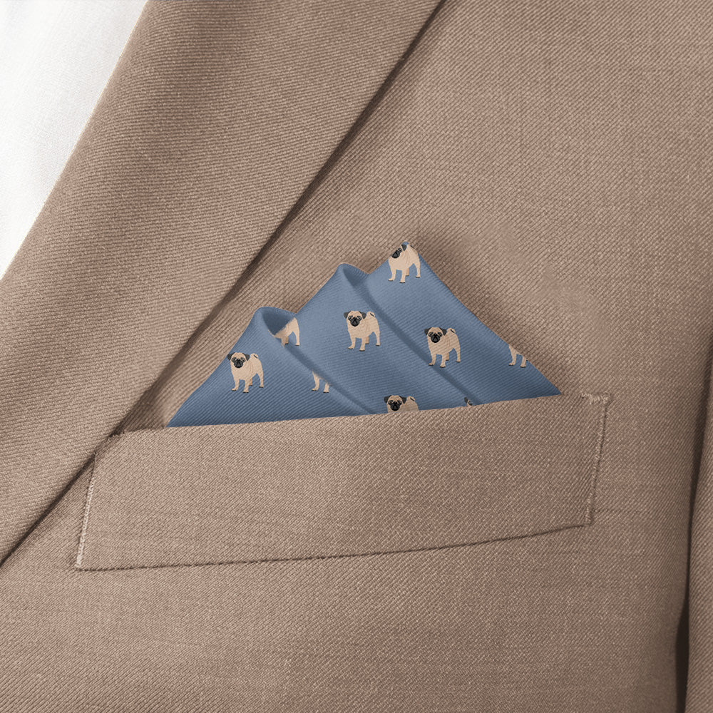 pug themed pocket square in beige suit jacket pocket 