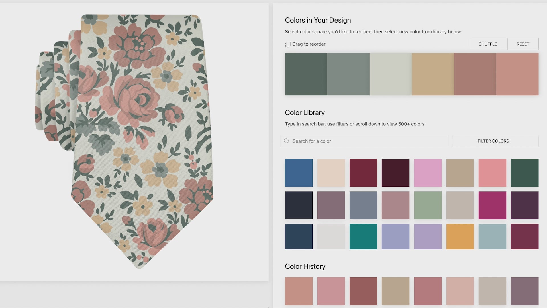Load video: gif showing tie customization by selecting color chips with mouse