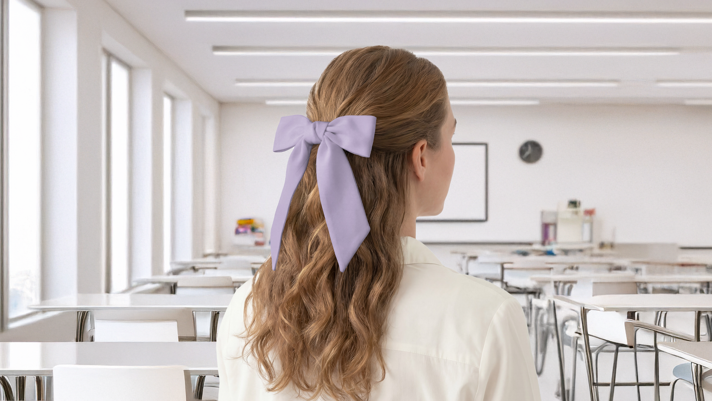 Person with a purple hair scarf in their hair standing in a classroom.