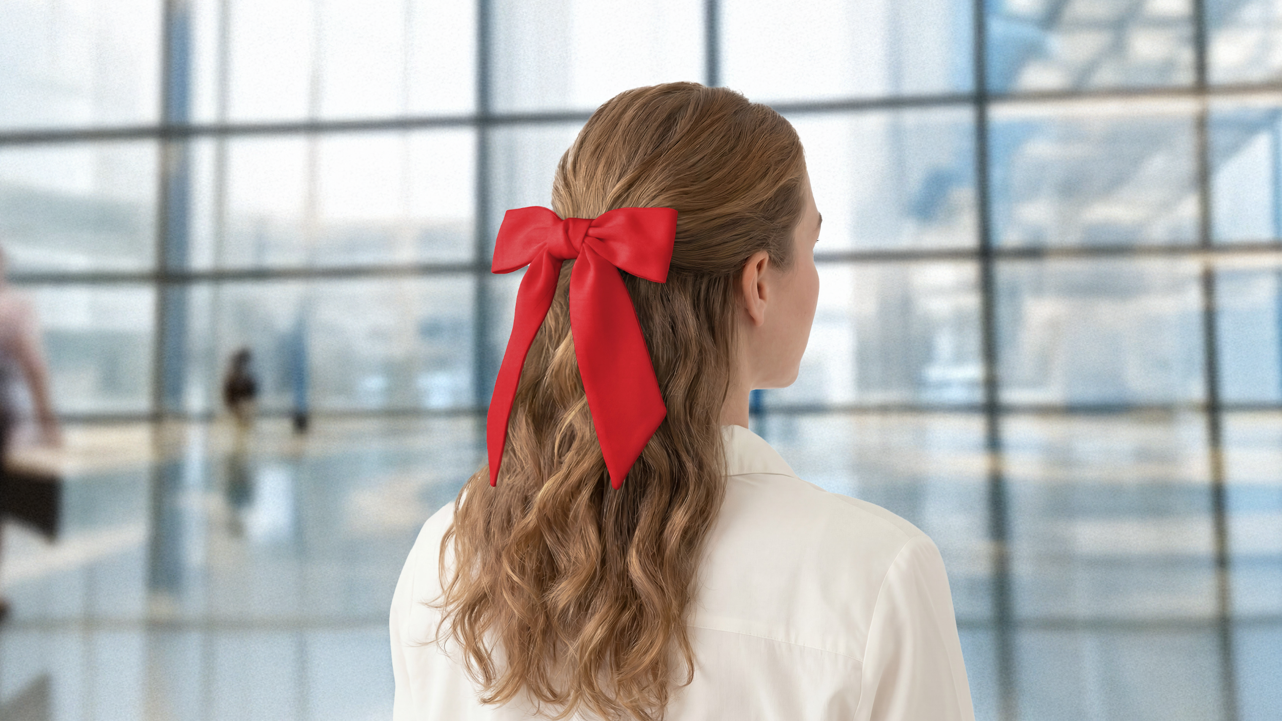 woman wearing a red hair scarf in her hair in front of large windows