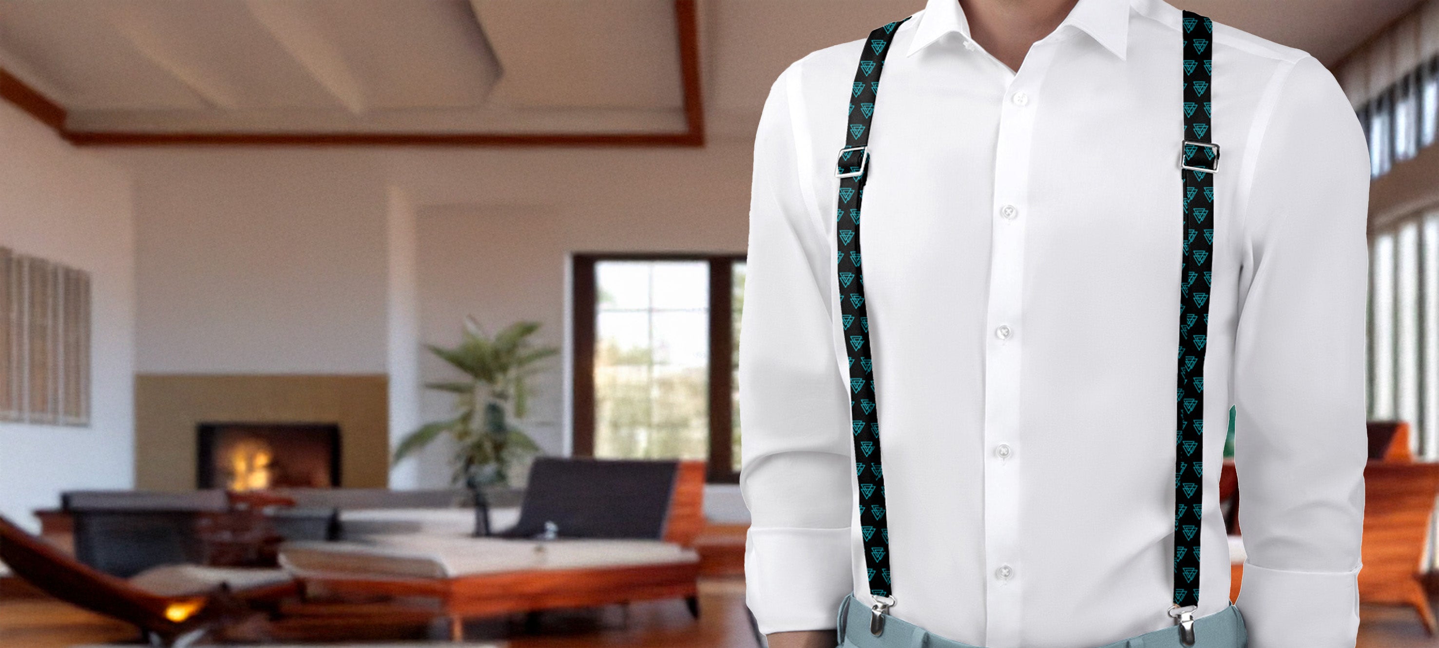 Person wearing a white shirt and retro suspenders in a living room setting