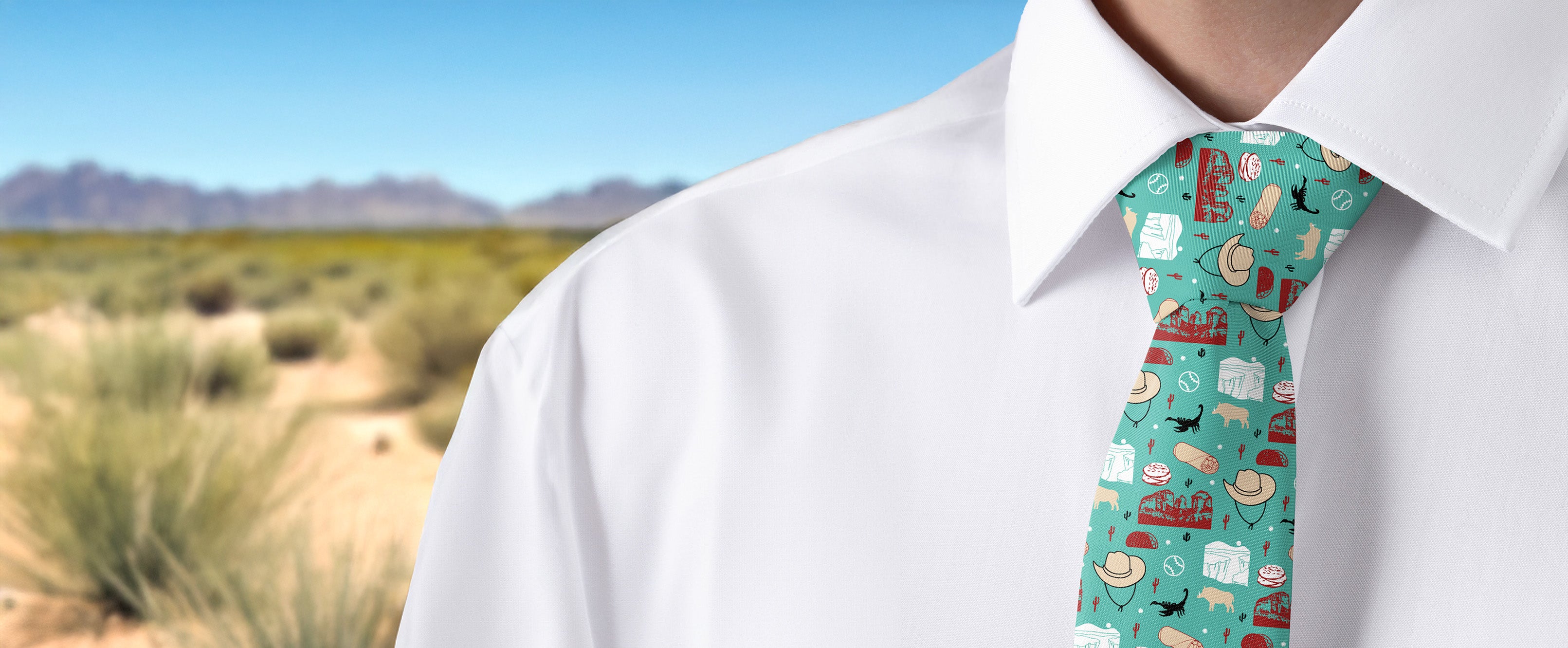 Person wearing a white shirt with a colorful Arizona themed tie against a desert background