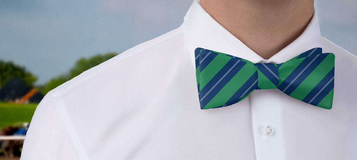 Green and blue striped bow tie on a white shirt with a blurred outdoor background