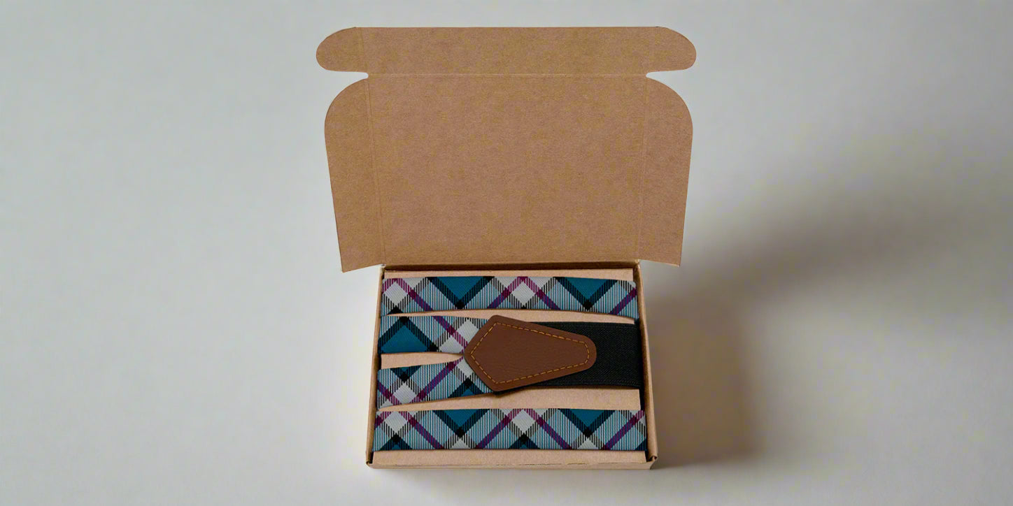 plaid suspenders in packaging