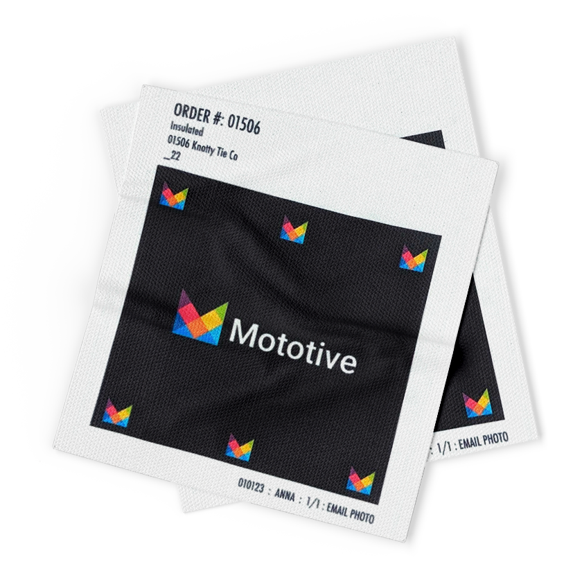 printed fabric swatches featuring a black design with Mototive logo