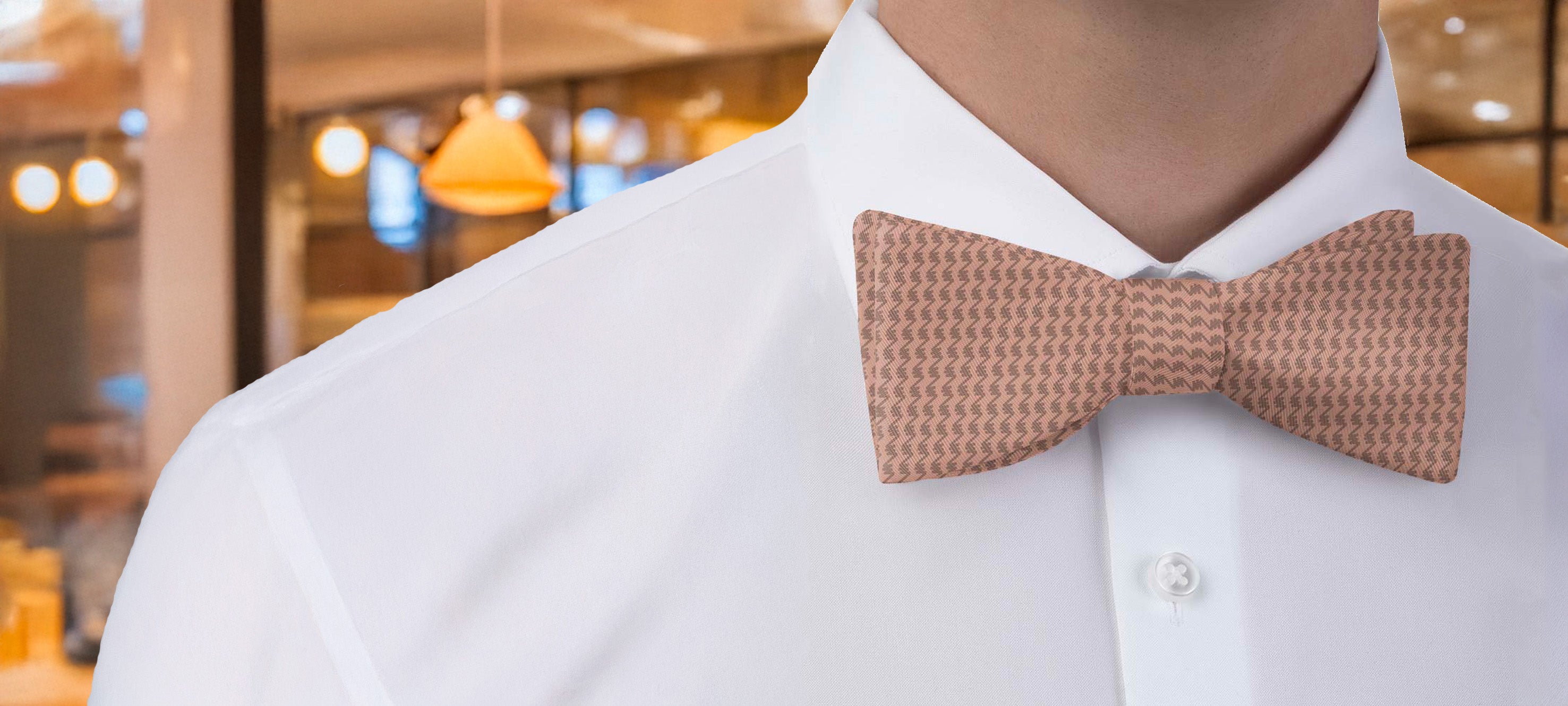 Brown texture-patterned bow tie worn by a person in a white shirt with a blurred indoor background