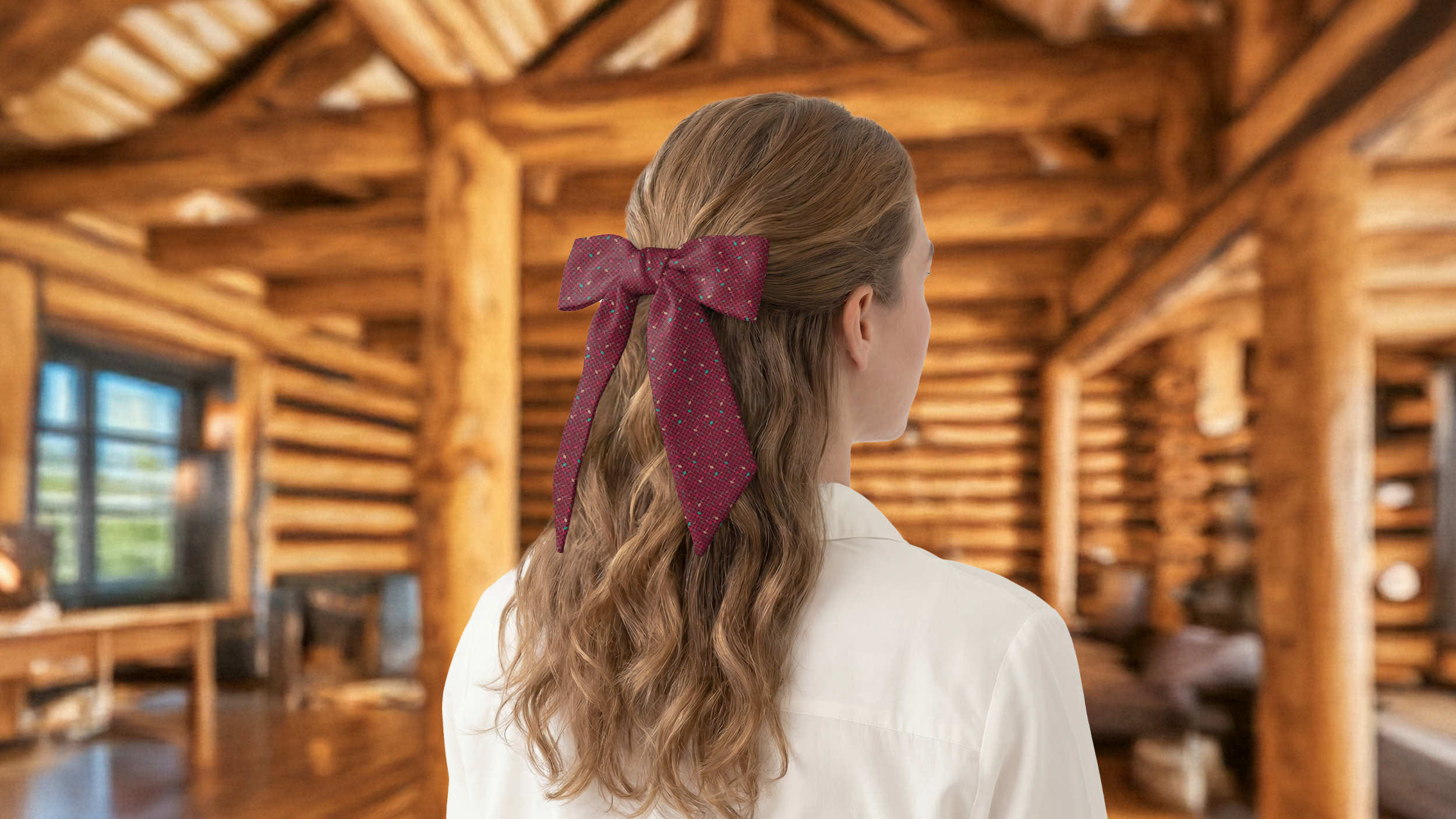 woman wearing a faux textured hair scarf in an indoor cabin setting