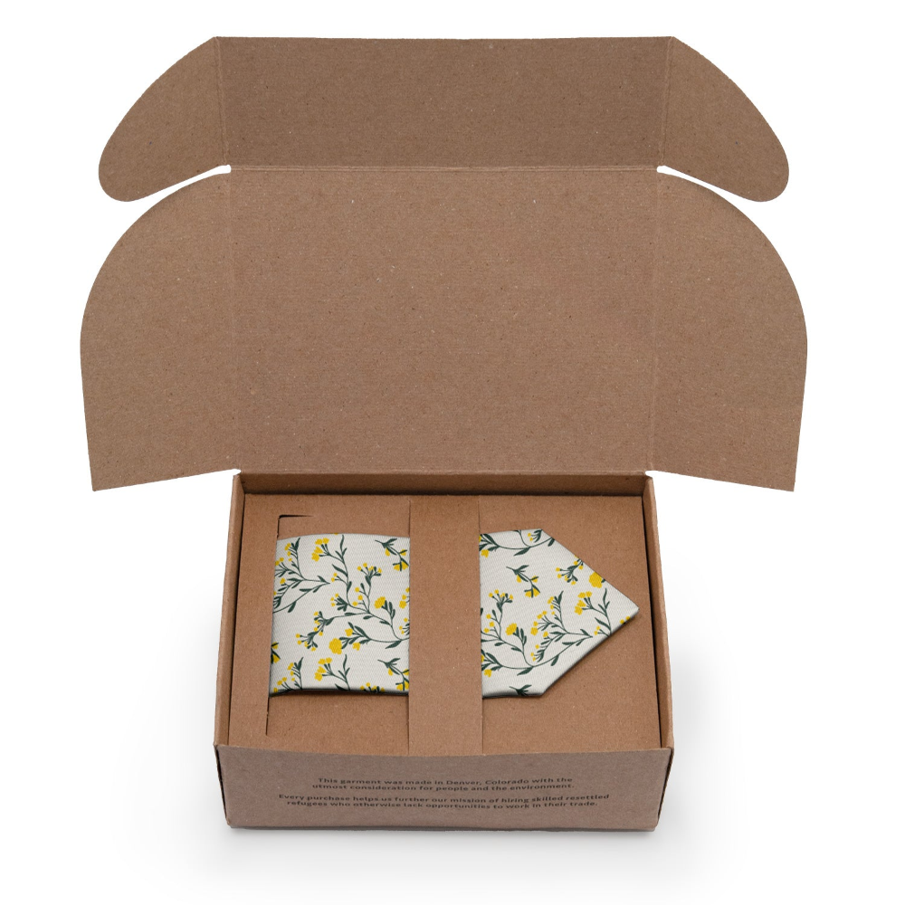 floral necktie in a kraft box