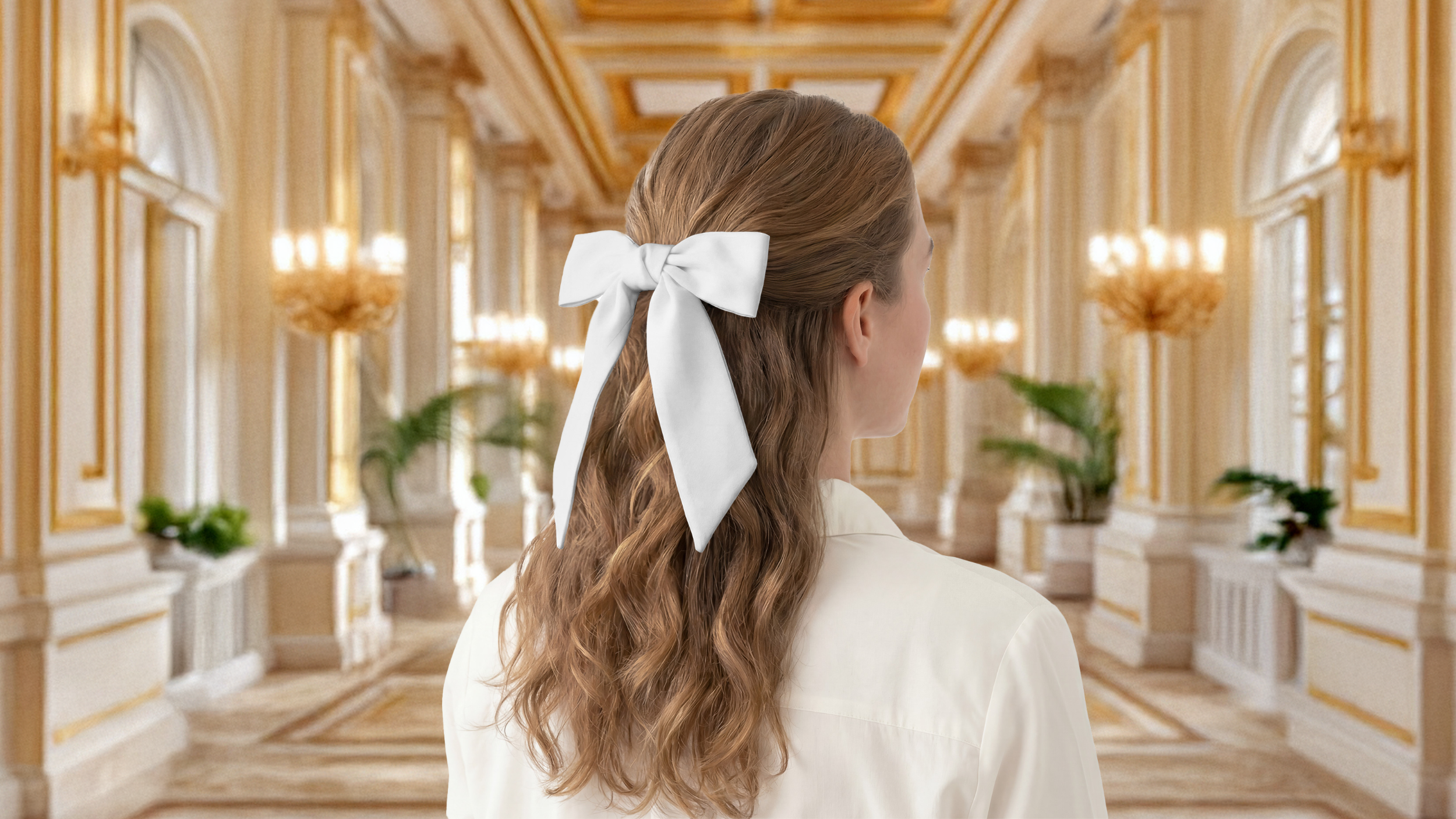 Woman with a white scarf bow in her hair standing in an elegant hallway.