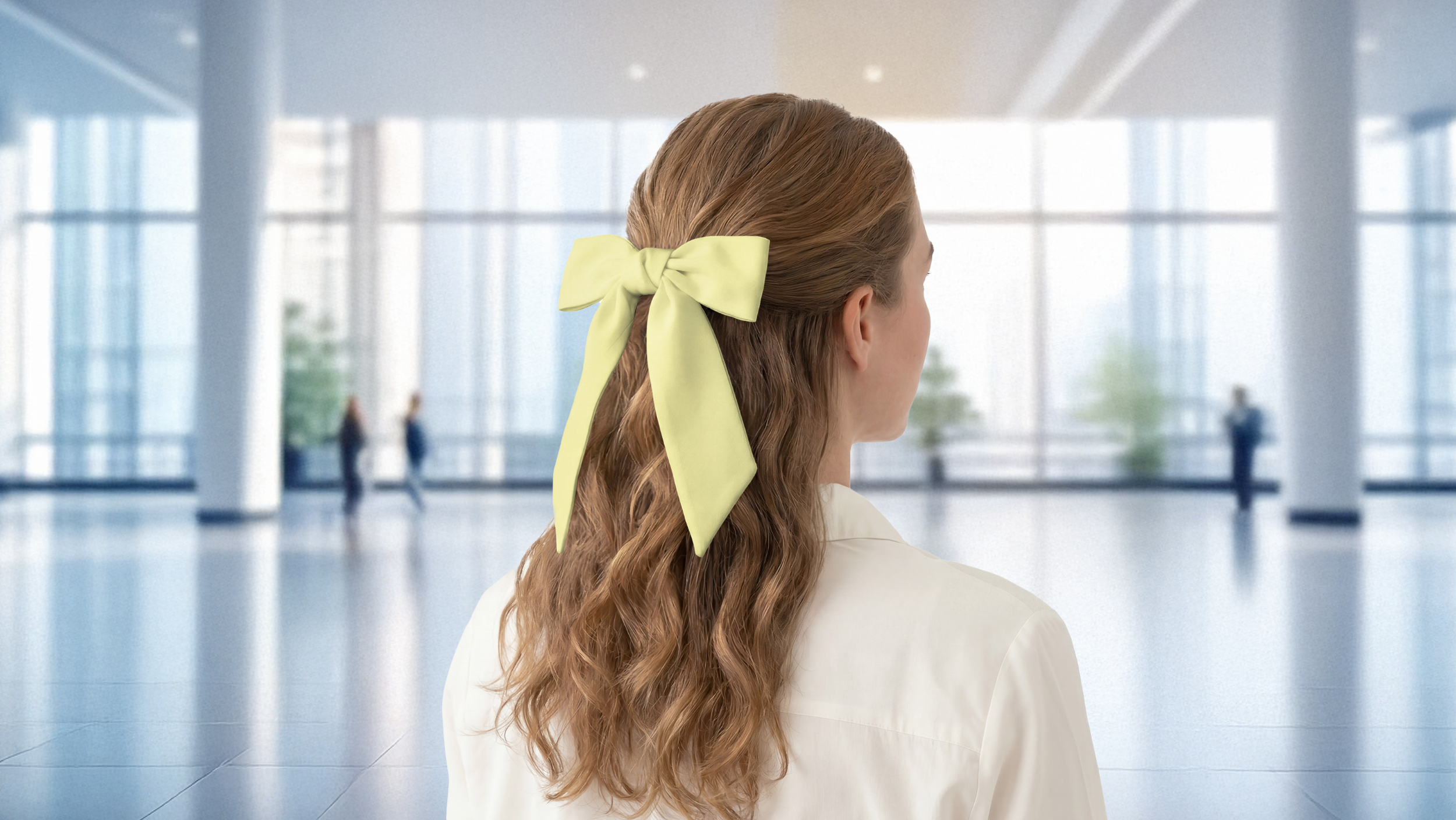 Woman with a yellow hair scarf bow in an office setting