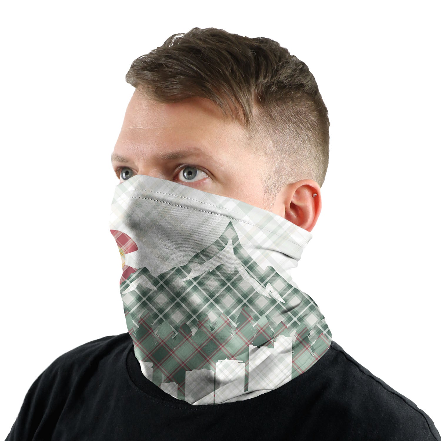 Denver Skyline Plaid Neck Gaiter - Male Face - Knotty Tie Co.