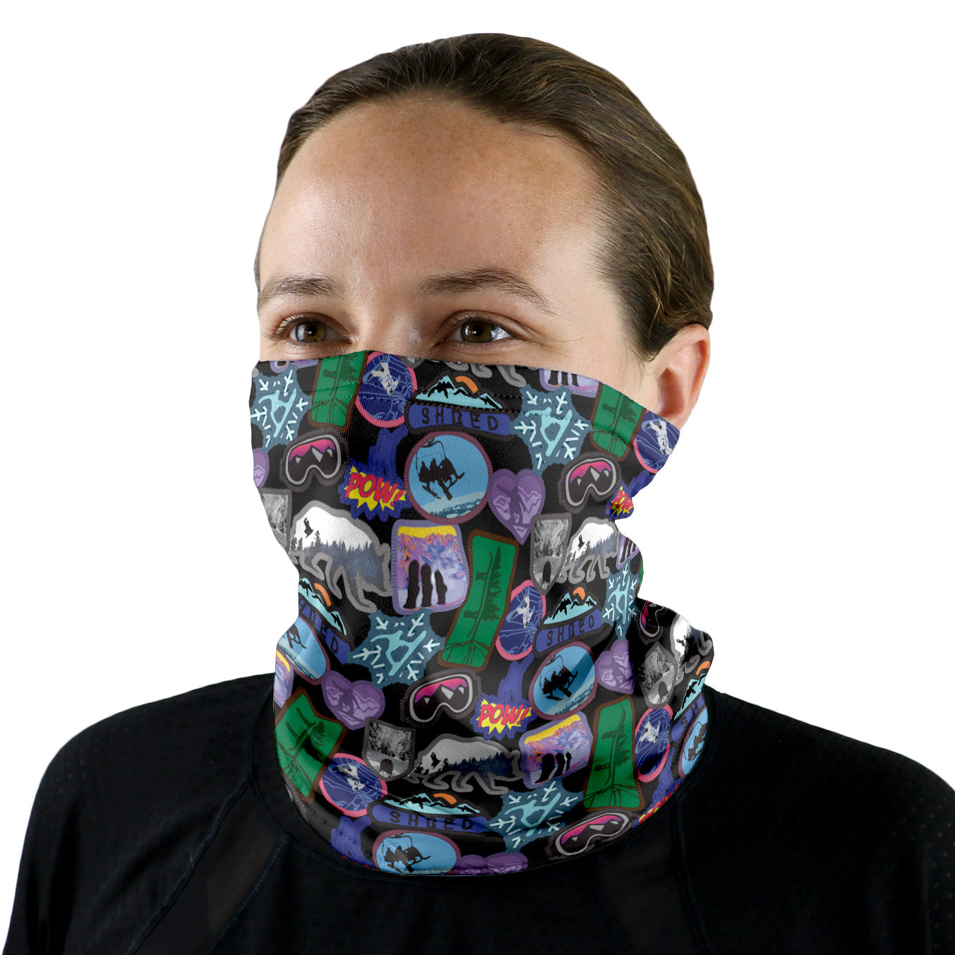 Snowboard Patches Neck Gaiter - Female Face - Knotty Tie Co.