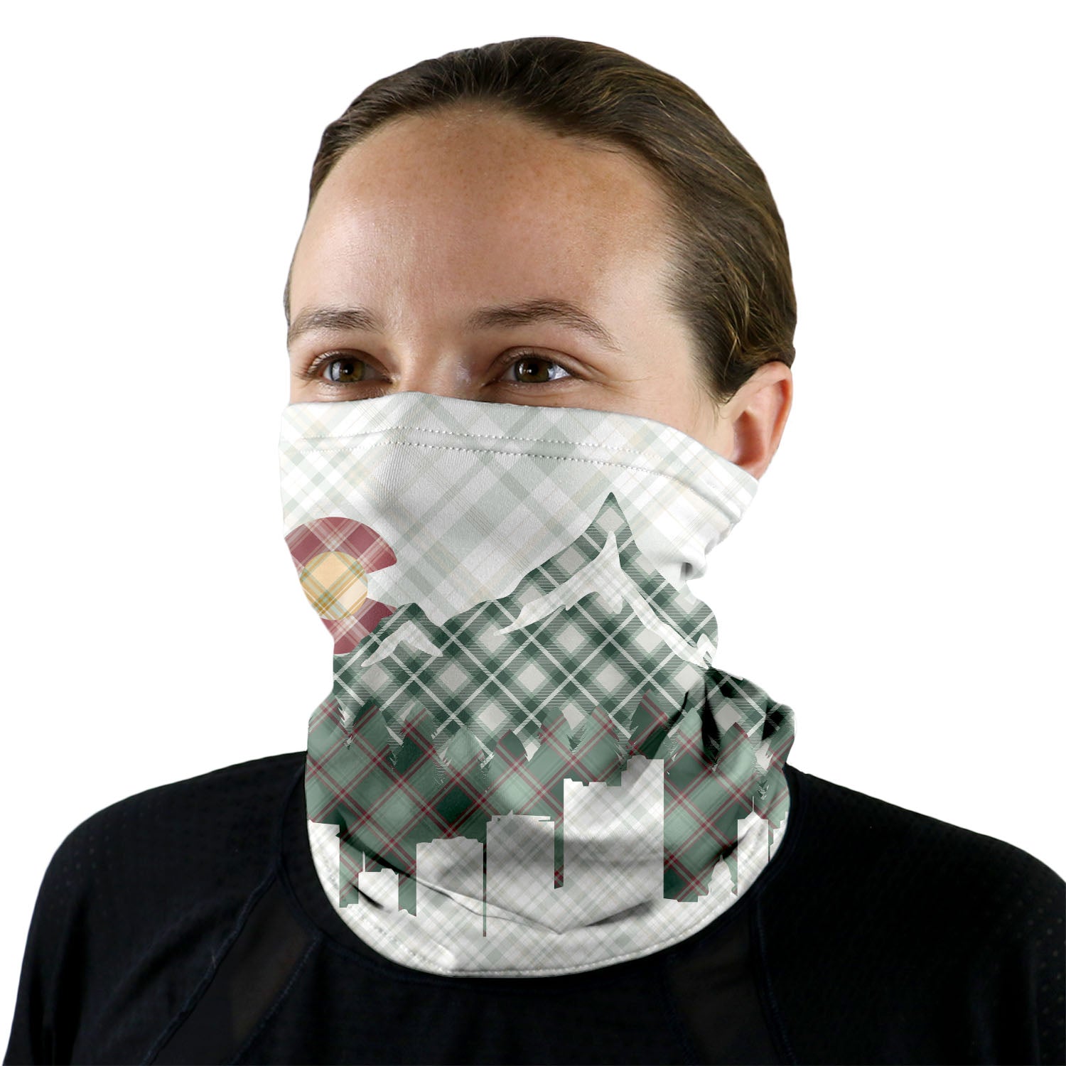Denver Skyline Plaid Neck Gaiter - Female Face - Knotty Tie Co.