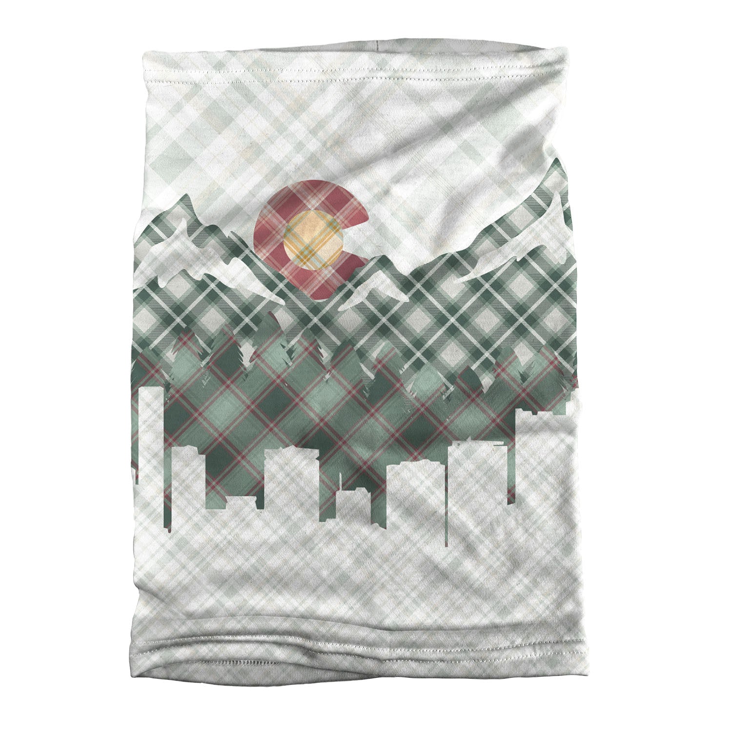 Denver Skyline Plaid Neck Gaiter - Flat Table Lay - Knotty Tie Co.